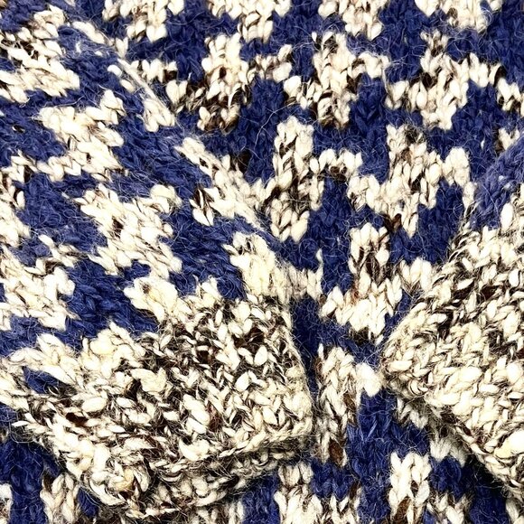 Chunky Hand Knit Herringbone Patterned Sweater, 100% Wool, Blue Brown Cream, XL - Picture 6 of 8